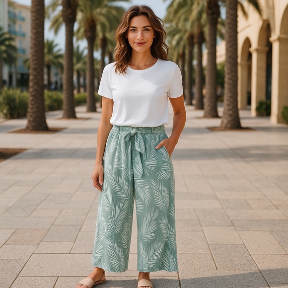 Lady Sun Mint Green Palm Leaf Print Wide Leg Front Tie Pull On Pants Size 36(14) - Picture 1 of 8